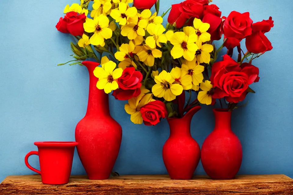 Image similar to red book and yellow vase with blue flowers, photo