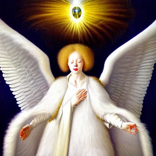 Image similar to highdetailed hyperrealistic painting of white angel!!! no gender!!!, giant ball of miracle light from the chest!!!!!, white sparkles everywhere, 4 k hd fur face!!!, big wings, by jan van eyck, holography space, glow effect, large strokes, white monochrome color!!!!!