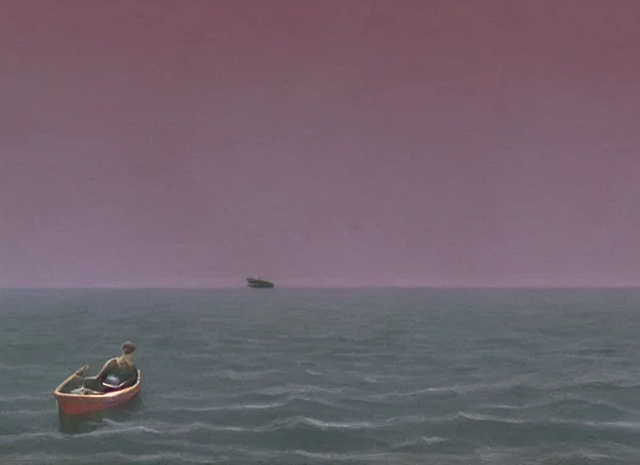 Prompt: lonely woman waiting on a shore for a boat with scarlet sail, highly detailed, science fiction, Edward Hopper and James Gilleard, Zdzislaw Beksinski highly detailed