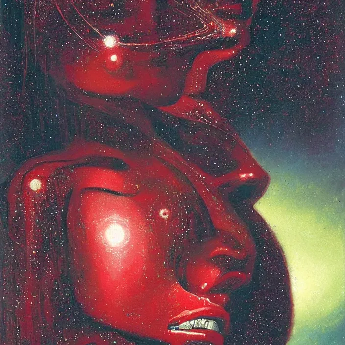 Image similar to beautiful female portrait, red and green palette, night lights, starry sky, by ( h. r. giger ) and paul lehr