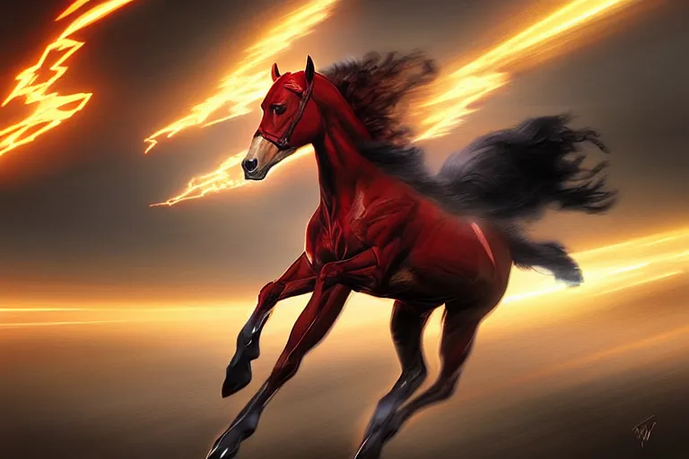 Image similar to a stunning digital painting of a horse as the flash in costume running in the speedforce by greg rutkowski, volumetric light, digital art, fine detail, photorealistic