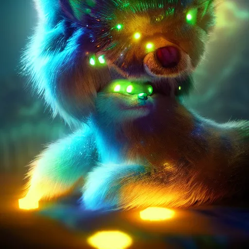 Image similar to bioluminescent cute furry monster on a dreamy biome, sparkles, magical, elves, fantasy, hyper realism, intricate, digital art, detailed, studio shot, unreal engine 5, octane, high definition, smooth, artstation, behance