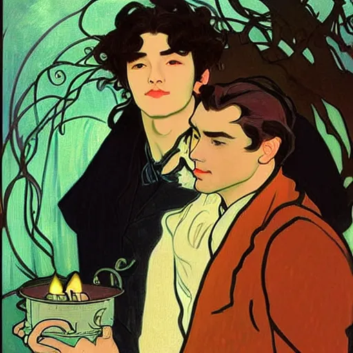 Image similar to painting of young cute handsome beautiful dark medium wavy hair man in his 2 0 s named shadow taehyung and cute handsome beautiful min - jun together at the halloween! party, bubbling cauldron!, candles!, smoke, autumn! colors, elegant, wearing suits!, clothes!, delicate facial features, art by alphonse mucha, vincent van gogh, egon schiele