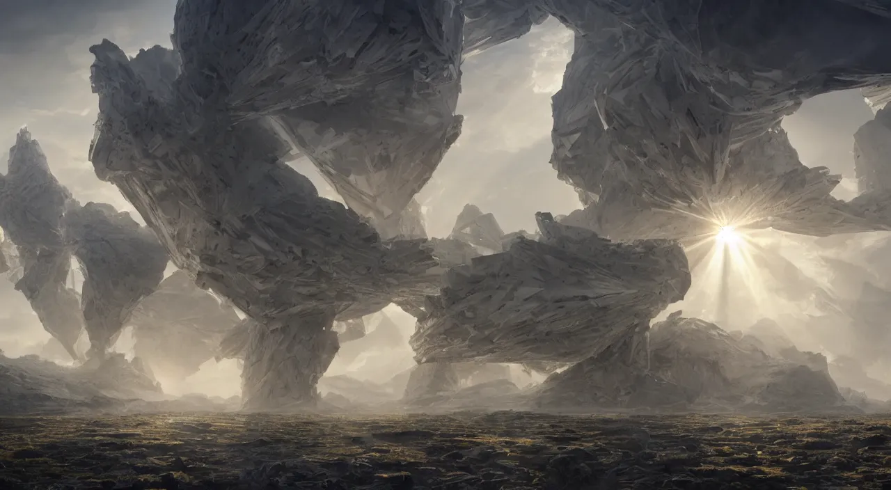 Image similar to a cellular tectonic biological crystallographic bridging megastructure architecture towers, by glenn small, by albert bierstadt, by sparth, photorealistic, zaha hadid, god rays, volumetric lighting, detailed, extremely intricate, raytrace, octane, light fog, keyshot