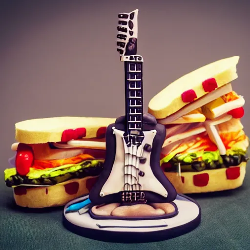 Image similar to an extremely high quality photo of a surreal helicopter-guitar-sandwich, the polymer clay creation, a hybrid mixture of sandwichguitarhelicopter and guitarsandwichelicopter, promotional photo, 4k food photography