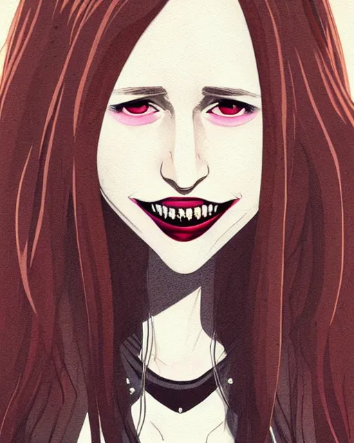 Image similar to pretty female Taissa Farmiga vampire, Jamie McKelvie comic art, Peter Mohrbacher, sharp vampire teeth, sarcastic smile showing teeth, symmetrical eyes, realistic face, symmetrical face, brown leather jacket, jeans, long black hair, full body