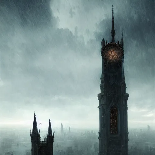 Image similar to an ultra detailed tarot card of a lonely and impossibly tall ominous gothic dark tower elevated high above the city, in a river elevated high above the city, fantasy capital city, ultrawide lense, aerial photography, scary thunderstorm, light fog, volumetric lighting, exquisite detail, 8 k, art by greg rutkowski and alphonse mucha