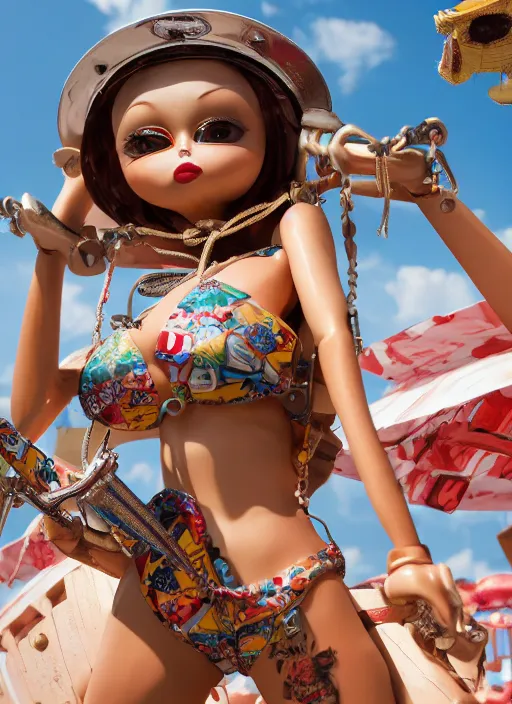 Image similar to closeup of a tin toy bikini girl, depth of field, zeiss lens, detailed, symmetrical, centered, fashion photoshoot, by nicoletta ceccoli, mark ryden, lostfish, earl nore, hyung tae, frank frazetta, breathtaking, 8 k resolution, extremely detailed, beautiful, establishing shot, artistic, hyperrealistic, octane render