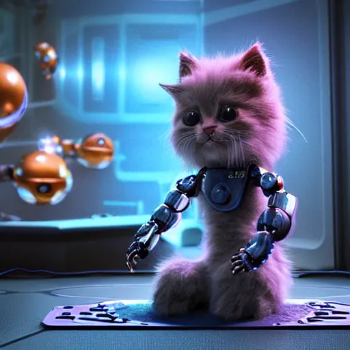 Image similar to a 3 d rendered movie of a cute robot kitten with whiskers. the robot has rgb lighting implants. in the background is a cat tree ( cyberpunk ) for robots. dramatic lighting. science fiction outer space fantasy blockbuster movie, imax 7 0 mm. octane 3 d render, style of mandalorian ( american space western television series ) but about robots, polka dancing contest.