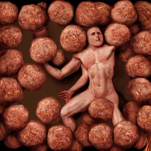 Image similar to illustration of a human meat ball, masterful digital art, sublime detail, epic composition, intricate detail