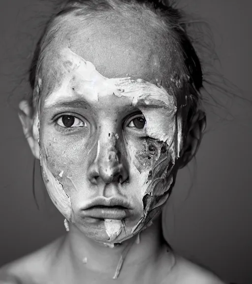 Prompt: portrait of a thin adolescent white woman with round face, 2 0 yo, angry look, skin pores, scars, skin condition, dark background, studio light, hdr, nikon 5 0 mm f / 1. 8 g, by sebastiao salgado