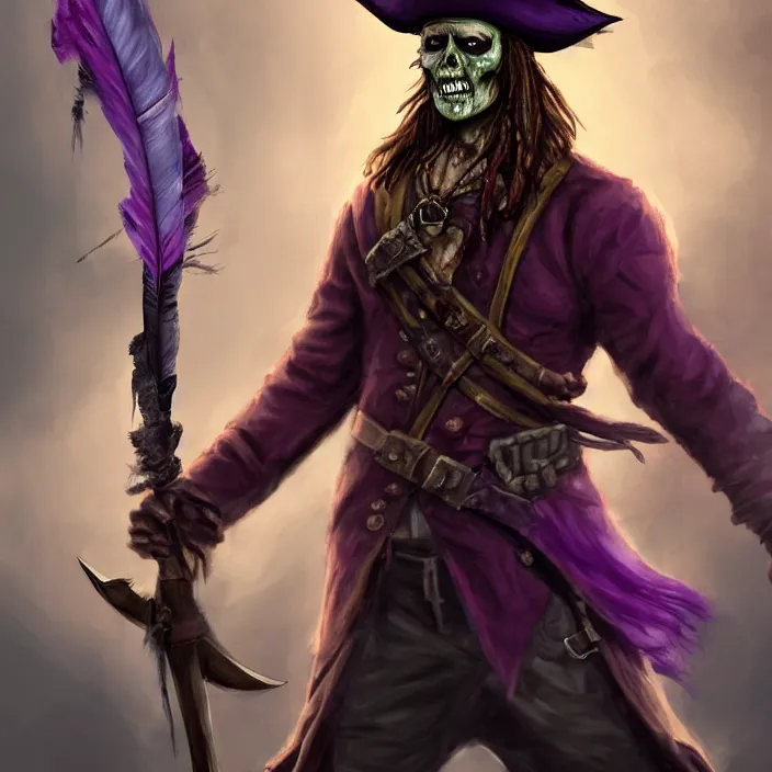 Image similar to Zombie pirate Captain wielding a sandstone rapier and sandstone dagger. Wearing a hat with an impressive feather and with a brutal scar across his neck. Magic, dark, purple lighting, flux. High fantasy, digital painting, HD, 4k, detailed.