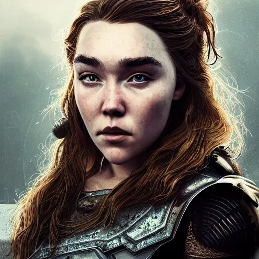 Prompt: florence pugh portrait, dystopia core, apocalyptic, armor, warrior, dramatic, sharp focus, fiction, neon, fantasy, hyper detailed, digital art, trending in artstation, cinematic lighting, studio quality, smooth render, unreal engine 5 rendered, octane rendered, art style and nixeu and wlop and krenz cushart