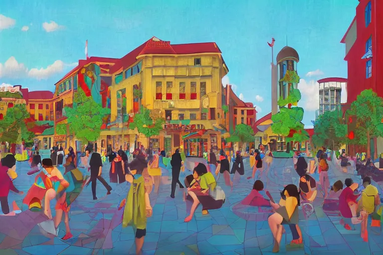 Image similar to townsquare in a sunny day, artwork by tooth wu, colorful high contrast, very coherent, dark shadow