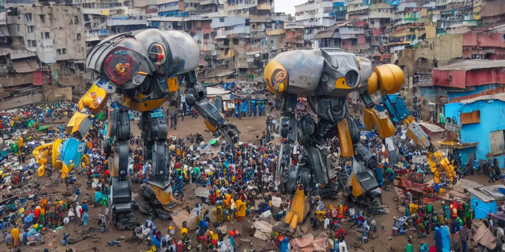 Prompt: giant mecha ROBOT of AJEGUNLE_SLUMS of Lagos, writing on colourful robot,