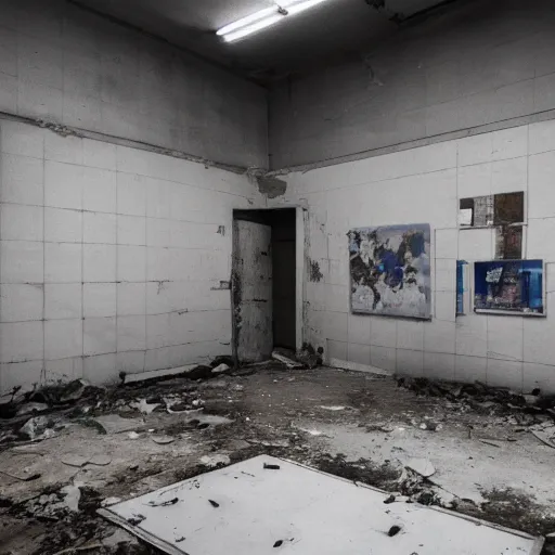 Prompt: surveillance found footage of a cluttered abandoned soviet laboratory, dark fluorescent lighting, liminal space