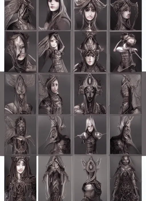 Prompt: full body concept art sheet, photorealistic symmetrical beautiful teenage face, symmetric eyes, female priestess with shiny hair wearing full intricate clothing, temple, godray, intricate, cg society, Elden Ring, darksouls, bloodborne