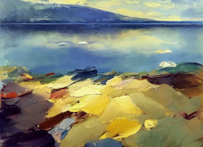 Image similar to palette knife, impasto oil painting of silent calm lake shore by hans hofmann, thick paint brush strokes, art by anders zorn, wonderful masterpiece by greg rutkowski, beautiful cinematic light, american romanticism by greg manchess, creation by tyler edlin