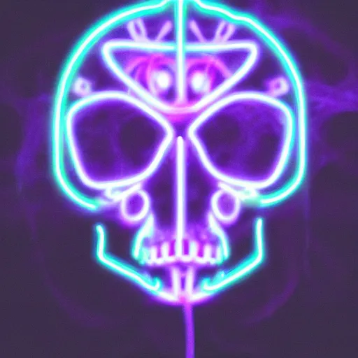 Image similar to cybernetic human scull with with horns , blue neon light and smoke and purple lighting