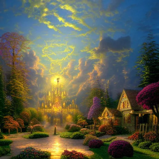 Prompt: maze of skulls one lone wizard with a glowing staff sky of clouds, by thomas kinkade, frightening, realistic