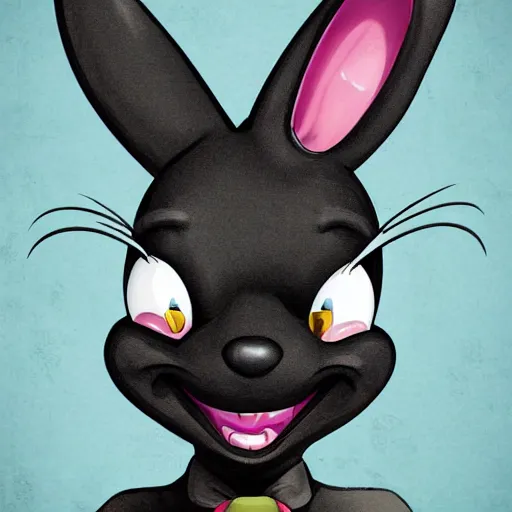 Prompt: A extremely highly detailed majestic hi-res beautiful, highly detailed head and shoulders portrait of a scary terrifying, horrifying, creepy goofy evil black cartoon rabbit with scary big eyes, earing a shirt laughing, hey buddy, let's be friends, in the style of Walt Disney