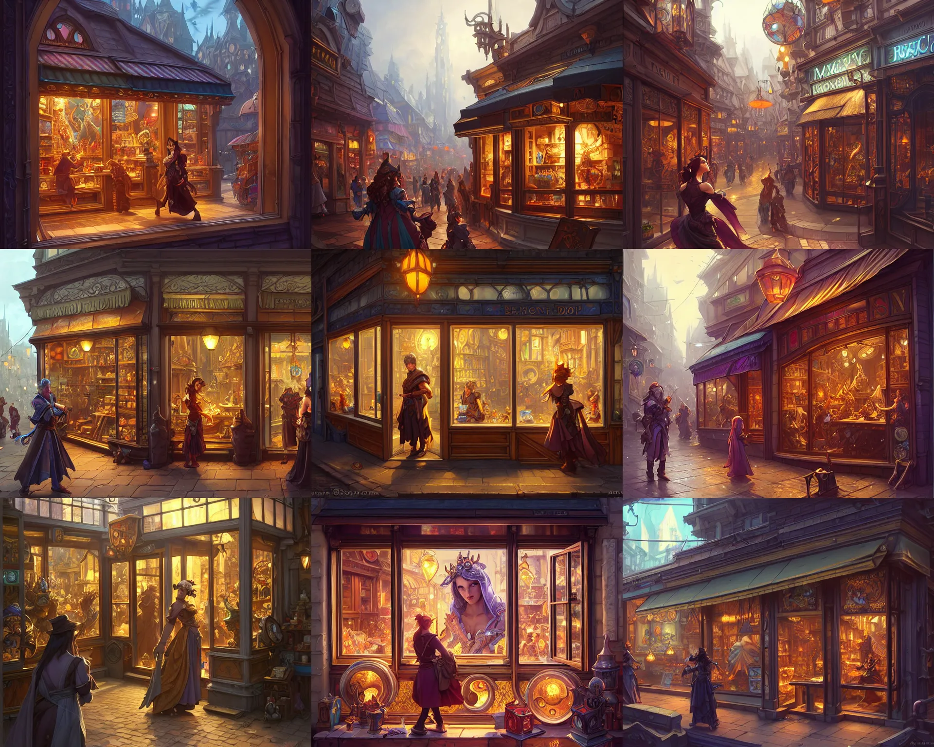 Image similar to shop front, window, magic items, busy street, deep focus, d & d, fantasy, intricate, elegant, highly detailed, digital painting, artstation, concept art, matte, sharp focus, illustration, hearthstone, art by artgerm and greg rutkowski and alphonse mucha