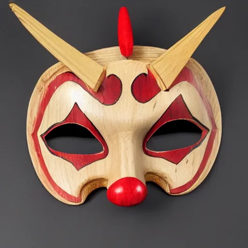 Prompt: wooden clown mask with long fang like incisors