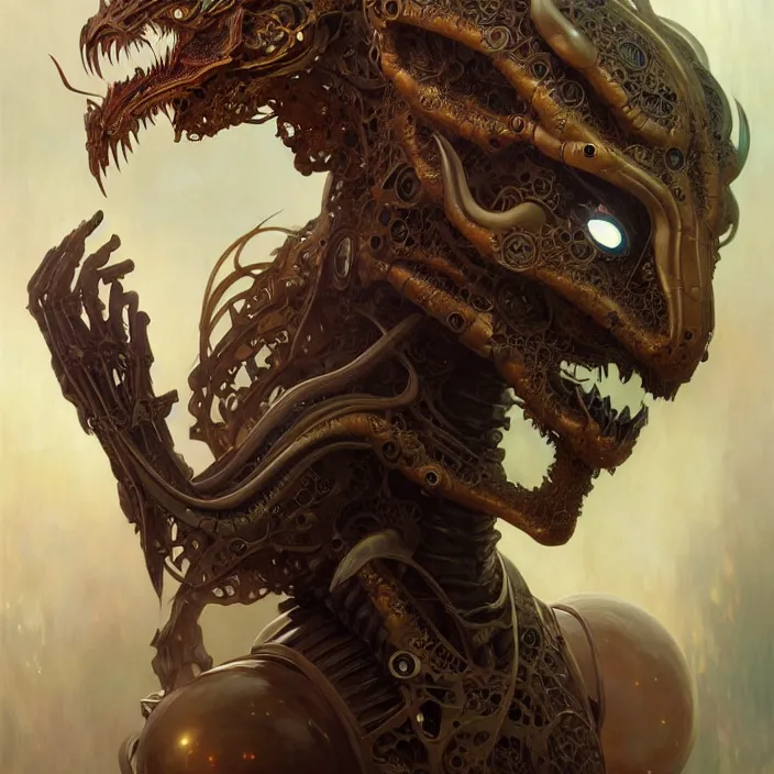 Image similar to organic cyborg, dragon mask opening, diffuse lighting, fantasy, intricate, elegant, highly detailed, lifelike, photorealistic, digital painting, artstation, illustration, concept art, smooth, sharp focus, art by John Collier and Albert Aublet and Krenz Cushart and Artem Demura and Alphonse Mucha