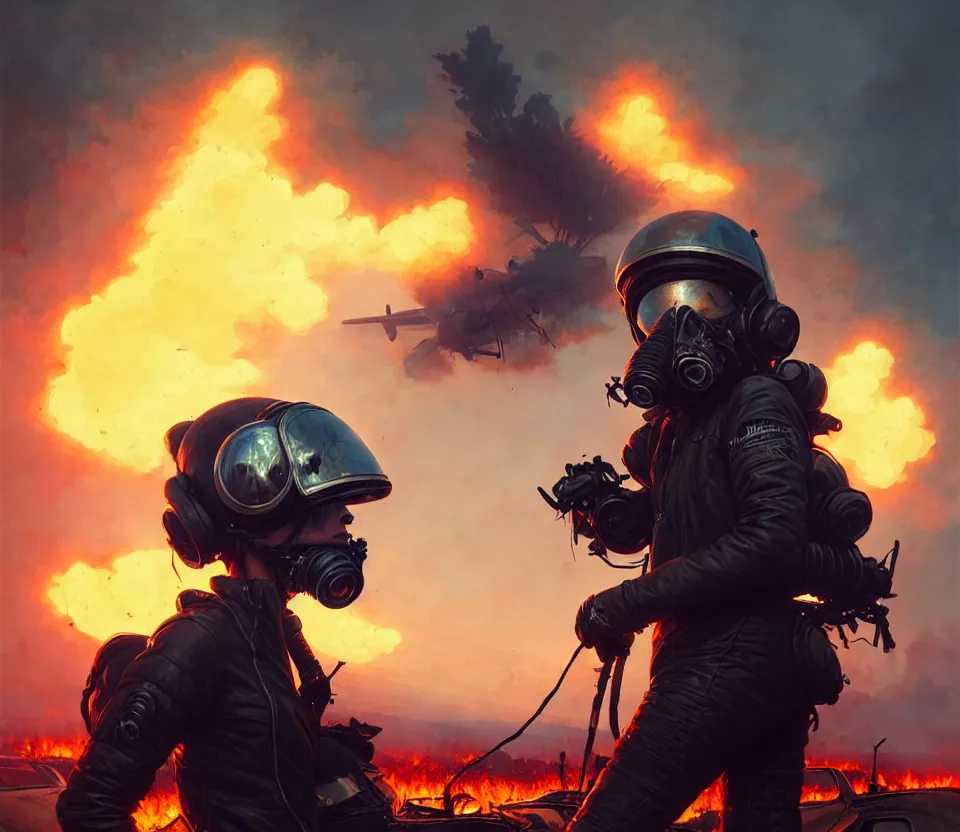 Image similar to a ultradetailed beautiful panting of post apocalyptic biker with helmet in front of crashed airplane burning, by ilya kuvshinov, greg rutkowski and makoto shinkai, trending on artstation