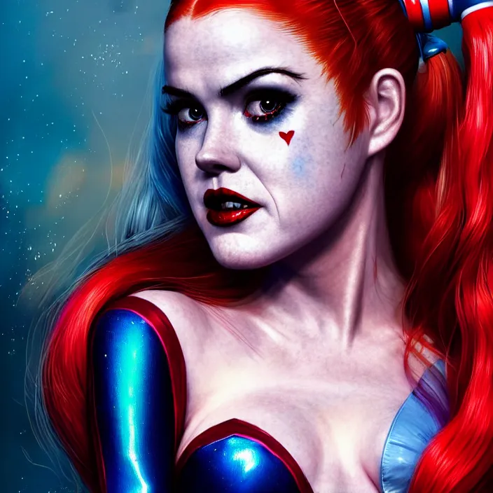 Image similar to portrait of Isla Fisher as harley quinn. intricate abstract. intricate artwork. by Tooth Wu, wlop, beeple, dan mumford. octane render, trending on artstation, greg rutkowski very coherent symmetrical artwork. cinematic, hyper realism, high detail, octane render, 8k, iridescent accents