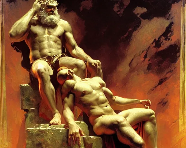 Prompt: zeus sits in judgement over all of mankind, painting by gaston bussiere, craig mullins, j. c. leyendecker