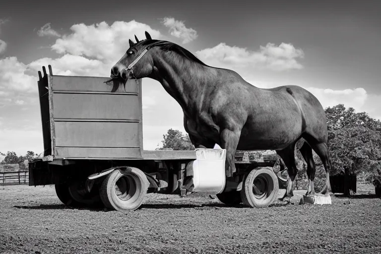 Image similar to dump truck with the body of a horse, photograph,