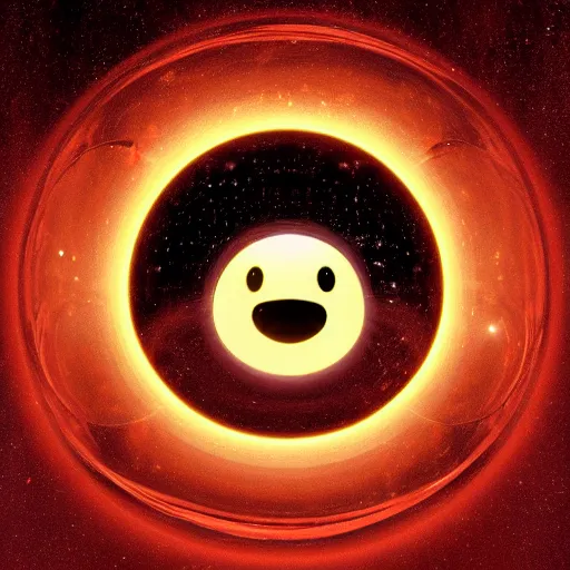 Image similar to inside a spherical atom, protons, electrons, neutrons, quarks glowing luminescent particles with happy dog faces floating inside