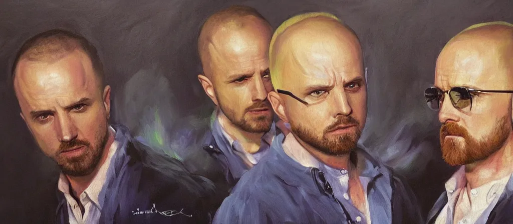 Image similar to an ultra detailed beautiful oil painting of jesse pinkman and heisenberg from breaking bad, colorful, soft shading, by sargent, by giovanni strazza, by raffaelo monti