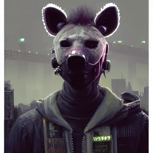 Image similar to new york city portrait of furry anthro anthropomorphic spotted hyena head animal person fursona wearing clothes strange cybernetic muzzle gloomy rainy screenshot from the video game cyberpunk 2077 digital art by Greg Rutkowski, Simon Stalenhag, christopher nolan trending on Artstation, CGSociety