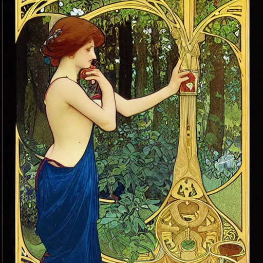 Prompt: “ girl drinking a beer under a tree, art nouveau, very detailed, gold leaf, plants, illustration by alphonse mucha ”