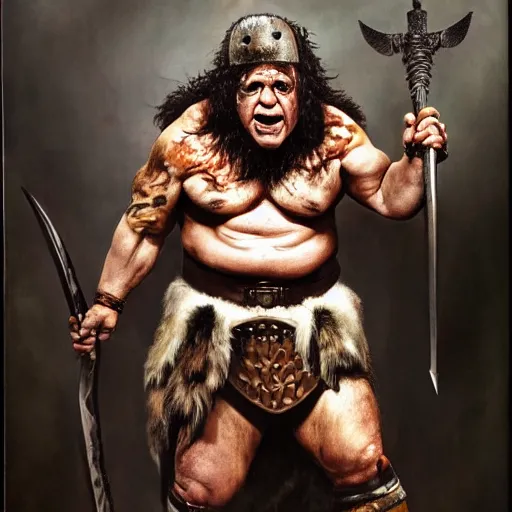 Image similar to danny devito as angry barbarian warrior, full body, holding club, frank reynolds, legendary warrior, leather straps, tattoos, piercings, fur and leather armor, beautiful, sharp detail, photo realism, robin eley, oil painting, fantasy