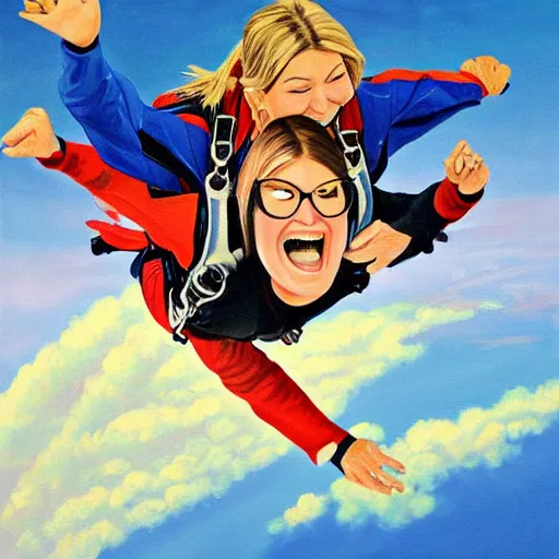 Prompt: painting of martha Stewart skydiving enthusiastically