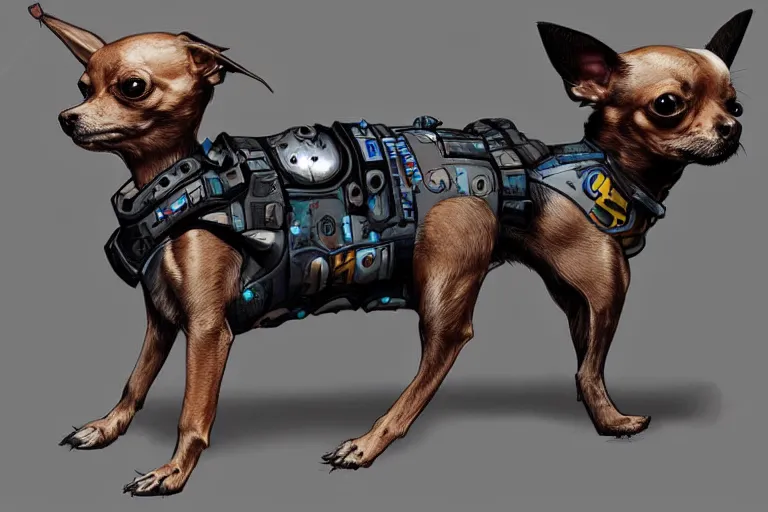 Prompt: a chihuahua with cyberpunk armor, digital art, artstation, highly detailed