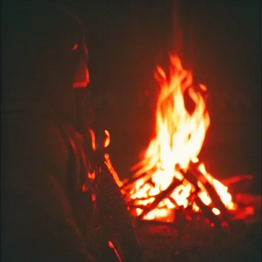 Image similar to cinestill of a xenomorph backlit by a bonfire at night