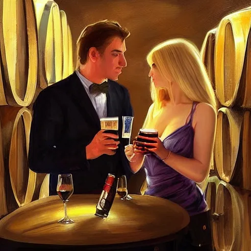 Image similar to blonde woman and Boba Fett drinking beer in a wine cellar, atmospheric, aphrodisiac, romantic, cozy, inviting, love, painting by Vladimir Volegov