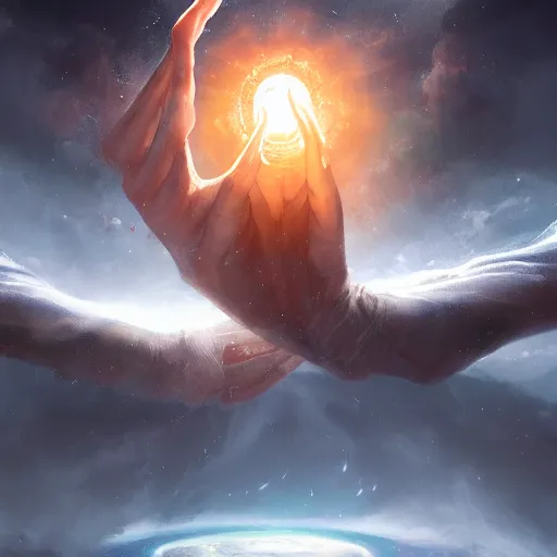 Image similar to a celestial holy hand coming from a portal down to earth, dynamic lighting, fantasy concept art, trending on art station, stunning visuals, creative, cinematic, ultra detailed, ray tracing