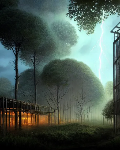 Image similar to a beautiful photorealistic render of unfinished building portal building city by lee madgwick, sci - fi forest myst at dusk magic realism uv light dramatic lightning landscape rainforest studio ghibli at winter, archdaily, wallpaper, highly detailed, trending on artstation.
