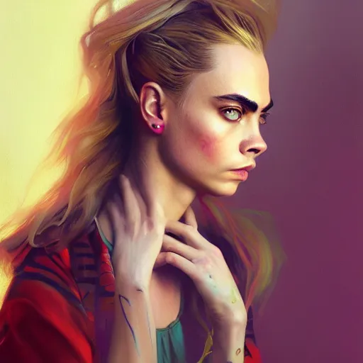 Image similar to cara delevingne, full body portrait colorful oil painting by greg rutkowski, charlie bowater, yuumei, yanjun cheng, unreal 5, daz, hyperrealistic, octane render, rpg portrait, dynamic lighting, fantasy art, beautiful face