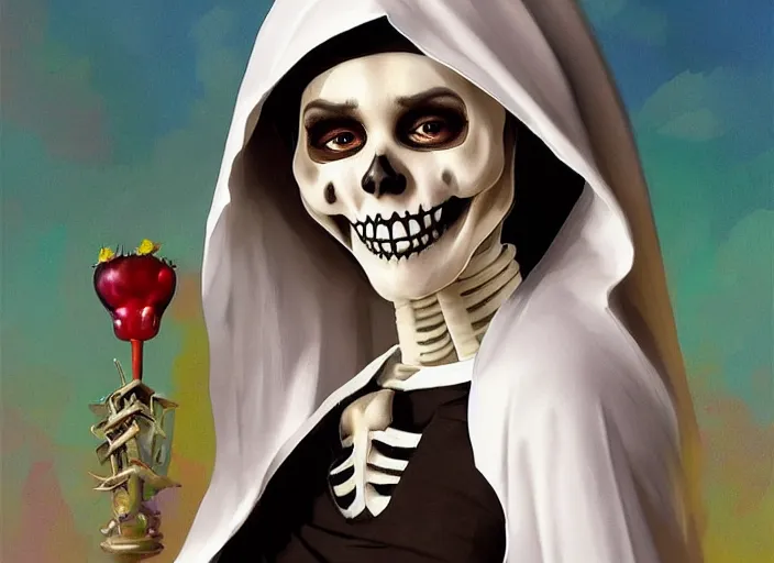 Prompt: cute & beautiful smiling mexican undead skeleton girl dressed as a nun, elegant, digital art, fantasy, pixar style, painting, pin up, highly detailed, artstation, art by artgerm, vrubel, boris vallejo and ilya kuvshinov