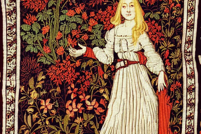 Prompt: a blonde woman wearing medieval tapestry as clothing