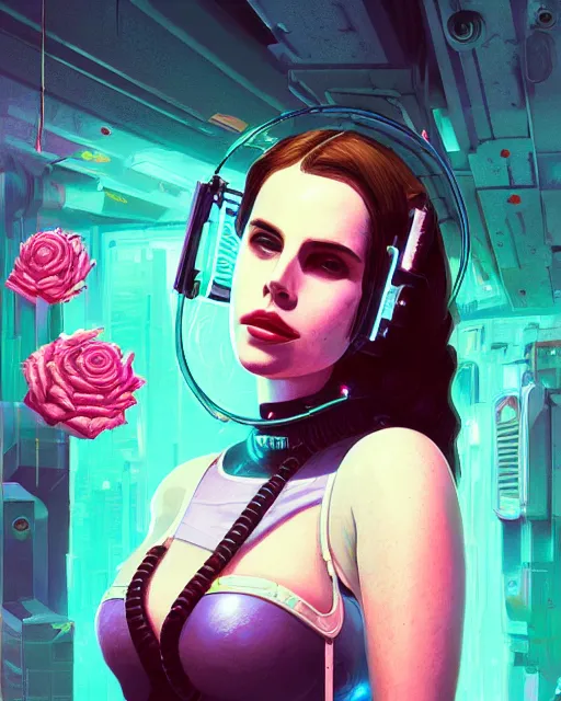 Image similar to portrait of lana del rey as a cyberpunk cyborg. roses, sci - fi, missing panels, intricate abstract, upper body, intricate artwork, by tooth wu, wlop, beeple, dan mumford. concept art, 8 k octane render, deviantart, greg rutkowski, cinematic, key art, hyperrealism, iridescent accents