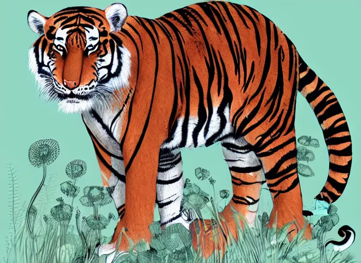 Prompt: a tiger in the centella asiatica in android jones style