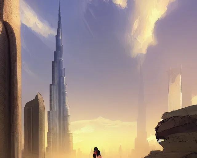 Image similar to dubai city and burj khalifa in front big desert, atmospheric lighting. by makoto shinkai, stanley artgerm lau, wlop, rossdraws, james jean, andrei riabovitchev, marc simonetti, krenz cushart, sakimichan, d & d trending on artstation, digital art.