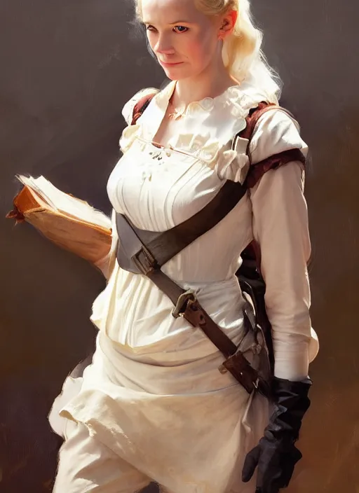 Image similar to portrait of finnish norway scandinavian attractive 1 7 th century maiden working in the field jodhpurs greg manchess painting by sargent and leyendecker, studio ghibli, fantasy, medium shot, asymmetrical, intricate, elegant, matte painting, illustration, hearthstone, by greg rutkowski, by greg tocchini, by james gilleard, by joe fenton